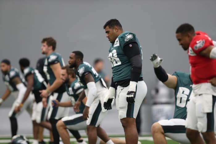 Jordan Mailata (No. 68) prepares for practice